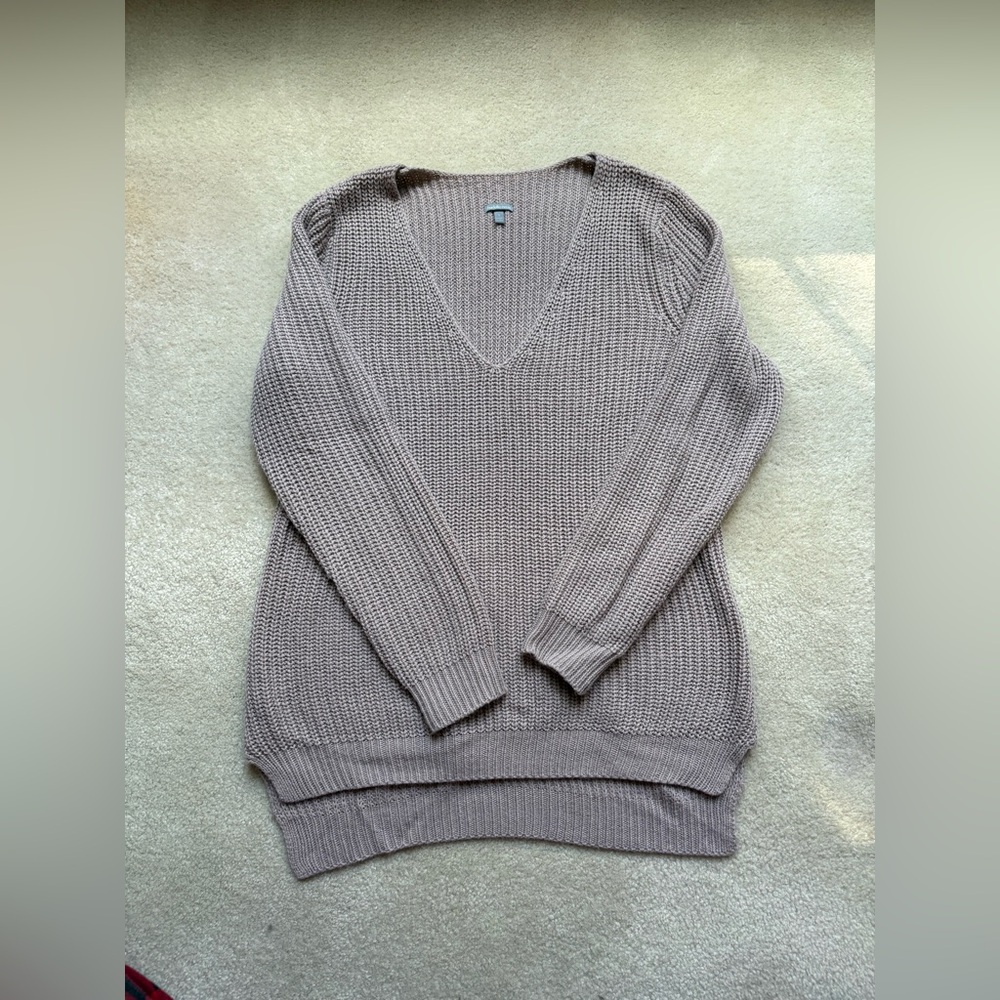 Charlotte Russe Light Brown Knit Sweater – Size S, Deep V-Neck, Long Sleeve